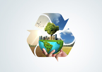 Ecosystem Restoration, environment day concept 3d tree background. Paper bag and recycle icon...