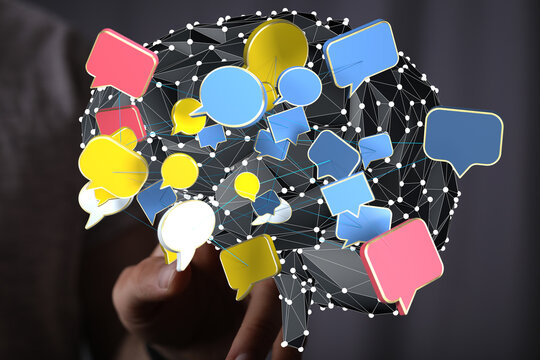 Abstract image of a brain with interconnected speech bubbles, symbolizing global communication and networking.