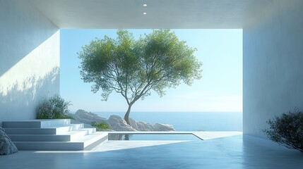 Fototapeta premium Modern Coastal Interior Design with Minimalist Aesthetics, Tree, Ocean View, and Natural Light