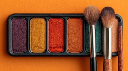 Different makeup brushes arranged next to a colorful eyeshadow palette on an orange surface