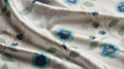 Elegant Cream Silk Fabric with Teal and Gold Floral Print: Soft, Luxurious Drape