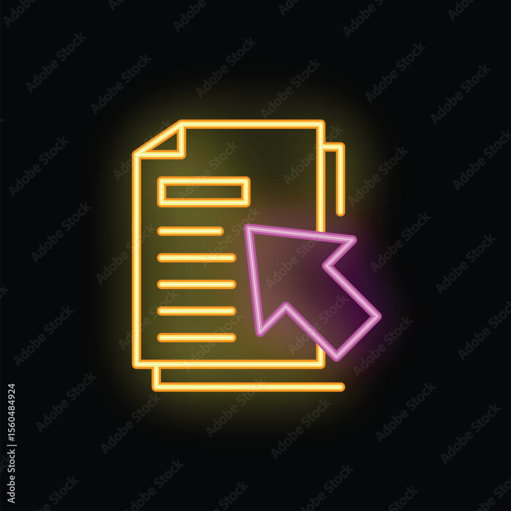 Poster neon icon of a computer mouse cursor clicking on a digital document, representing online document ed