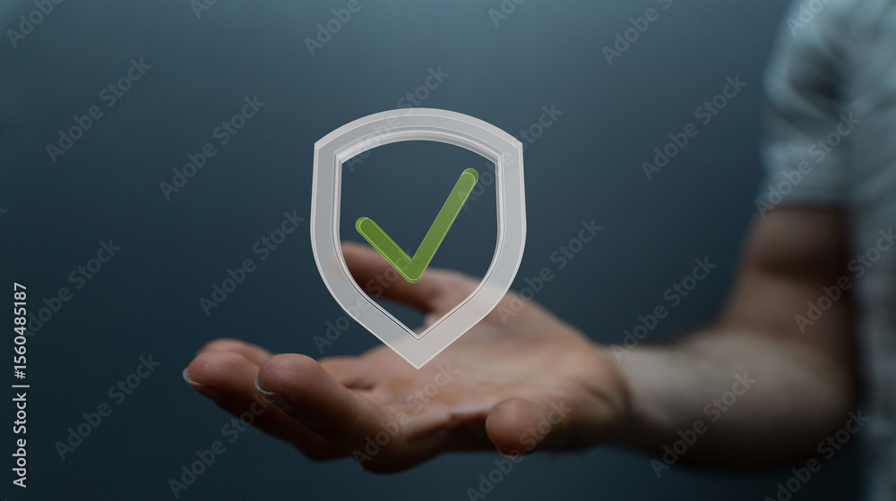 Poster Image of a hand holding a digital shield with a checkmark, symbolizing data security and protection.