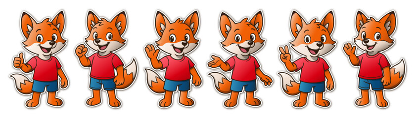 Collection of cheerful cartoon fox characters with outlined sticker style. Each wears a red shirt and blue shorts, posing with expressive gestures like waving, thumbs up, and peace sign