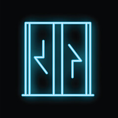 Neon icon of an elevator with one door opening and the other closing, glowing blue against a dark backdrop