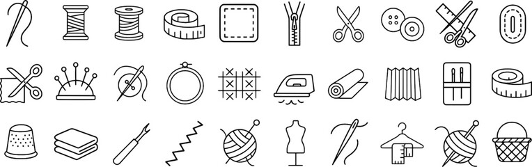 Sewing and Knitting Stroke Icon Collection. Featuring Thread, Needle, Yarn, Measuring Tape, Button, Scissors, and Craft Tools. Editable Outline Vector Set.