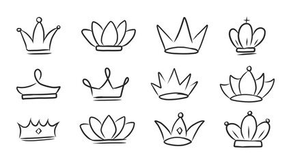 Set of Hand-Drawn Doodle Crowns in Outline Style for Royalty and Celebrations