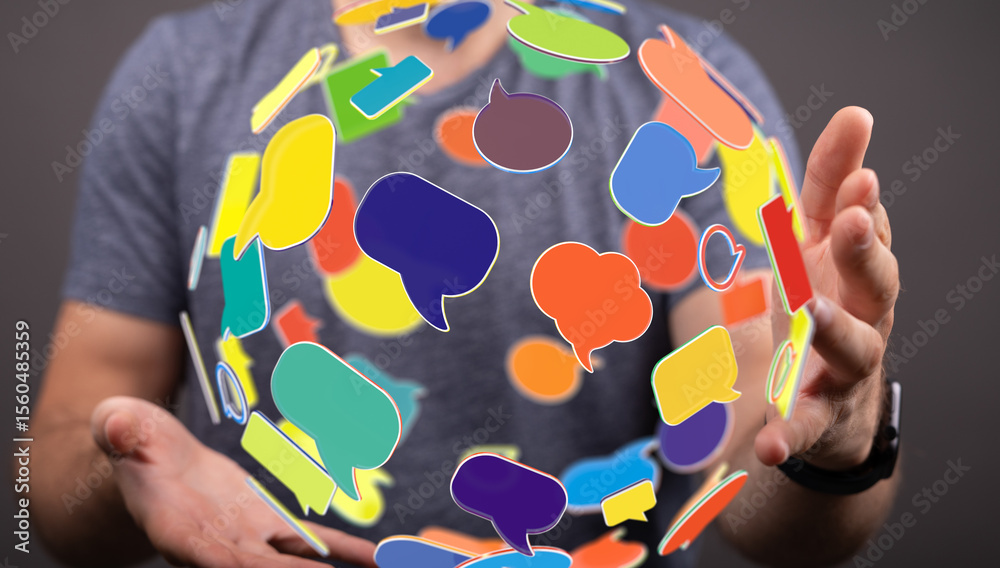 Poster person holding colorful speech bubbles, symbolizing global communication and connection.