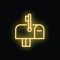 Simple bright yellow outline of a mailbox with a raised flag glowing on a black background