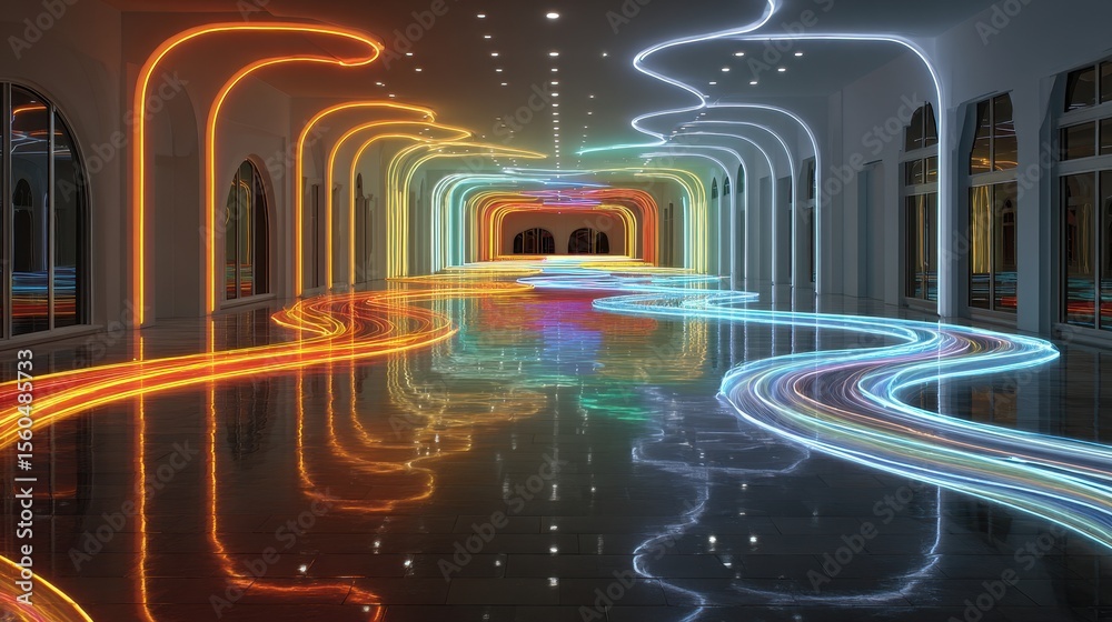 Poster abstract tunnel of colorful light trails creating an optical illusion on a dark floor, indoor instal