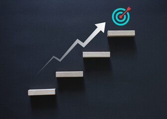 Financial market growth, ladder graph with up arrow on black background, represents business success and increase in profit