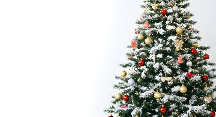 Beautifully Decorated Christmas Tree with Snow and Ornaments