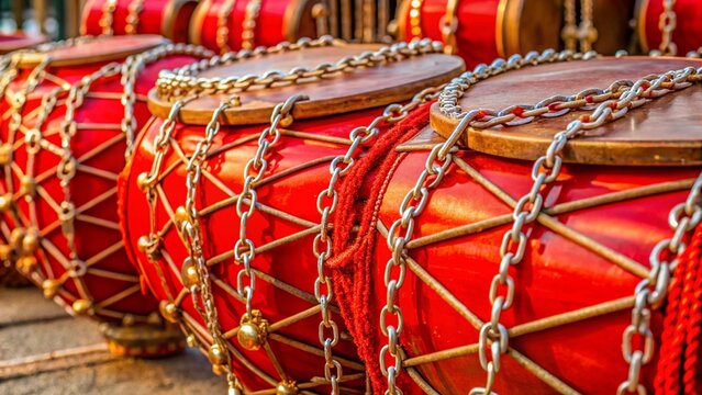 Close-up of red-clad drums and chains prepared for matam