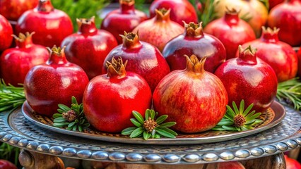 Fresh red pomegranates displayed on a ceremonial tray