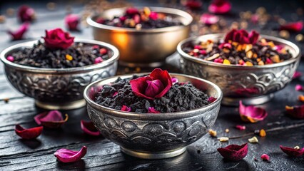 Silver bowls filled with black ash and rose petals