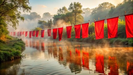 Washed red banners at river’s edge in the early morning mist
