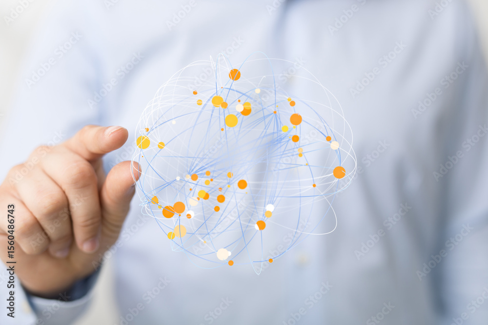 Poster Abstract image of a person interacting with a digital network. Ideal for technology, connection, and data concepts.