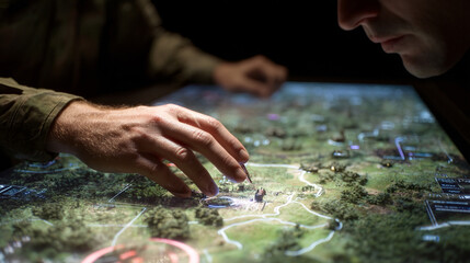Military strategist coordinating AI units through projected battlefield maps and live strategy analytics. 
