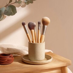 Makeup brushes in a ceramic holder (1)
