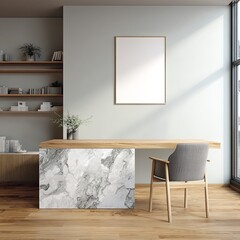 Modern workspace with light wood and marble