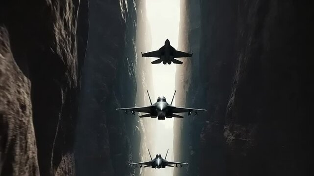 Three fighter jets soaring through a narrow canyon, showcasing aerial maneuvers against a dramatic backdrop