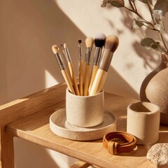 Makeup brushes in a speckled ceramic holder (1)