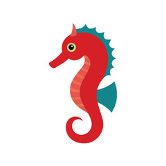 Cute cartoon red seahorse with green eye and blue fins on white background
