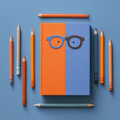 Colorful pencils surround a book with glasses