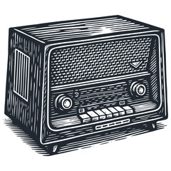 A classic vintage radio receiver. Old broadcasting equipment for music and news. Vector illustration in a retro woodcut or engraving print style.