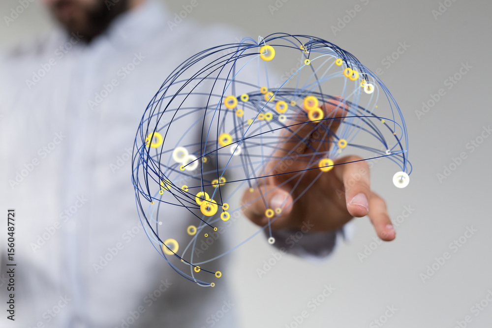 Poster Abstract image of a hand interacting with a network, representing connection, communication, and technology.