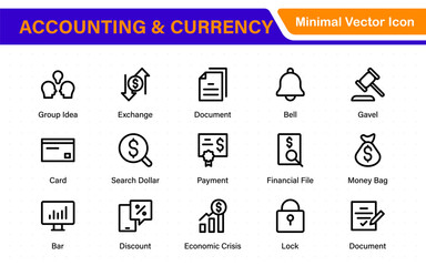 Set of line icons related to accounting, audit, and taxes. Outline icon collection. Business symbols.Income set. Containing money, tax, earnings, payment, paycheck, work, pension, and wages icons.