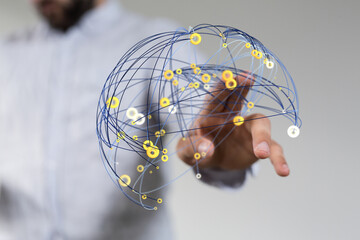 Abstract image of a hand interacting with a network, representing connection, communication, and...