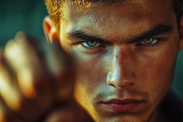 Generative AI image of focused person training for self defense courses through martial arts including boxing and karate