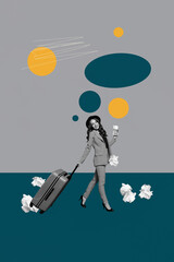 Zine trendy vertical banner creative collage of happy businessman businesswoman stand crumpled...