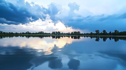 A serene lake reflects a dramatic thunderstorm sky at sunset creating a stunning mirrored image of clouds and trees with gentle water ripples distorting the perfect reflection.