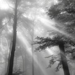 Sunbeams piercing a foggy forest