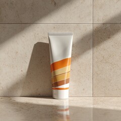 Tube of cream against a beige tiled wall