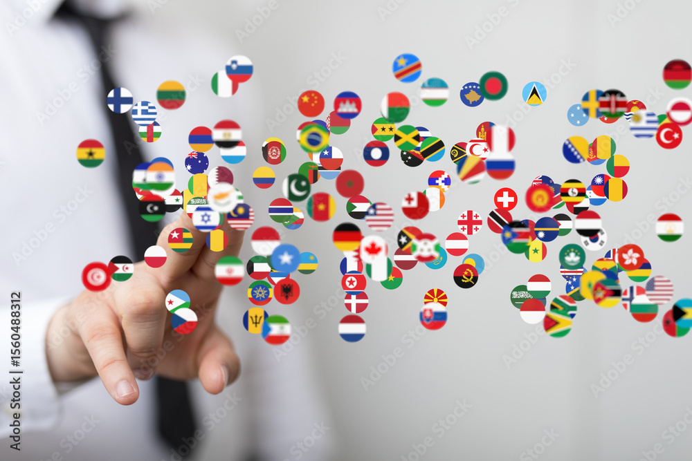 Poster Image of world flags floating, symbolizing global connection and international business.