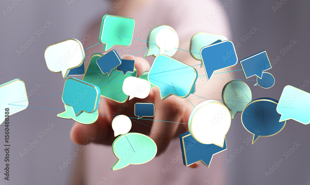 Poster abstract image of interconnected speech bubbles, symbolizing global communication and social network