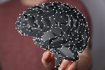 3D polygonal brain model. AI, neural network, technology concept.