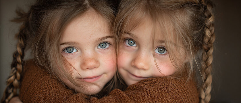 Close up portrait of two young girls with braids hugging and wearing brown sweaters