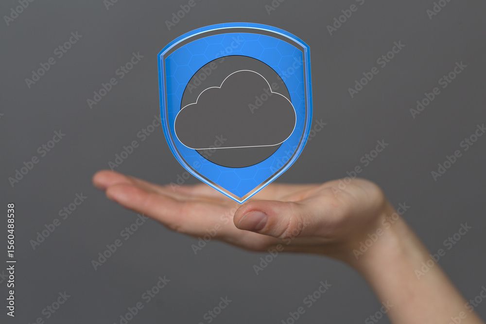 Poster Image of a hand holding a digital shield protecting cloud data, symbolizing secure cloud storage and data protection.