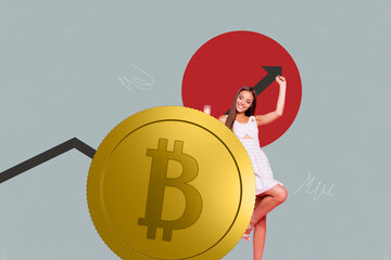 Full 3d magazine picture collage image of happy businessman businesswoman stand arrow progress...