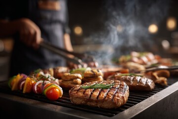 Barbecue feast with meat and vegetables on grill