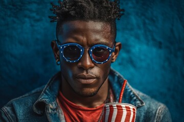 Obraz premium Man with patriotic sunglasses celebrating 4th july