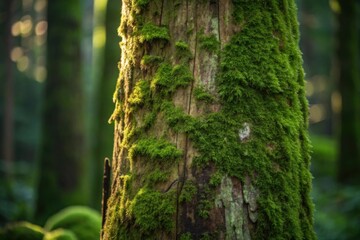 Obraz premium Moss Covered Tree Trunk in Lush Green Forest with Soft Light