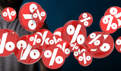 3D rendered image of red percentage symbols floating around a person, ideal for discount and sale...