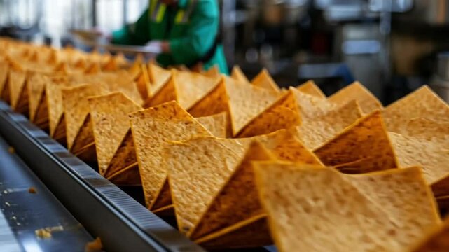 Golden triangular tortilla chips moving along a factory conveyor belt