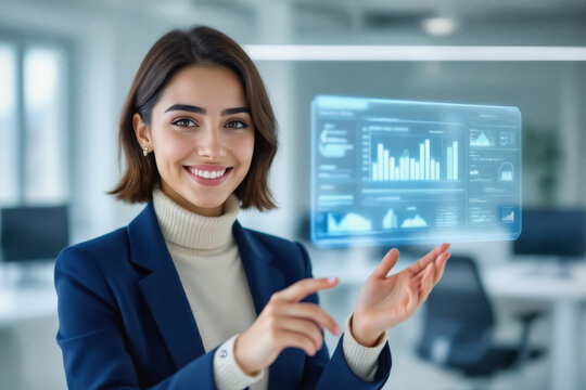 A smiling young woman in a business suit gestures towards a holographic data display floating in front of her in a modern office setting.