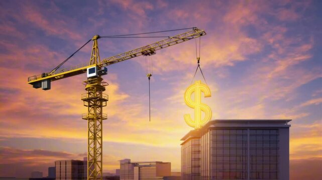 Tower crane slowly lowering a glowing $ sign into place atop a skyscraper, sunset in background